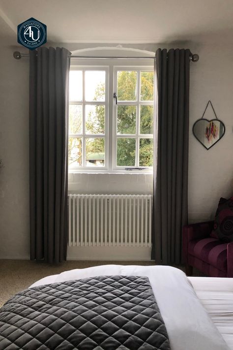 Curtains With Radiator Under Window, Curtains Over Radiator, Radiator Under Window, Green Bedroom Walls, Bedroom Curtains, Column Radiators, Green Bedroom, Bedroom Walls, Primary Bedroom