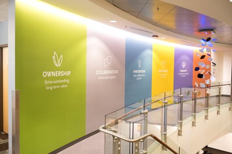 Corporate Wall Design, Values Display, Wall Branding, Graphic Design Office, Office Wall Graphics, Office Graphics, Culture Wall, Office Mural, Office Wall Design