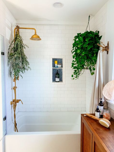 Before and After: Beach Bungalow Renovation Makeover | Apartment Therapy Bungalow Bathroom, Boho Bungalow, West Elm Bedding, Bungalow Renovation, Beach Bungalow, Bungalow Homes, Zen Space, Tub Doors, Pendant Lighting Dining Room