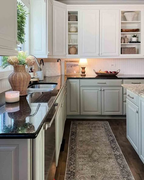 Bright Kitchen With Dark Countertops, Tan Kitchen Cabinets Dark Countertops, Light Kitchen Cabinets Dark Countertops, Dark Countertops Colored Cabinets, Black Granite Green Cabinets, Two Tone Kitchen Cabinets With Dark Countertops, Two Countertop Colors In Kitchen, Black Countertops With Green Cabinets, Kitchen Cabinet Black Countertop