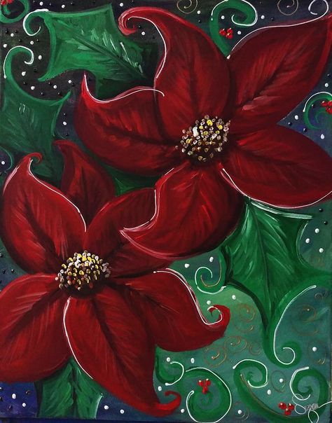 Winter Flower Painting, Christmas Paint Night Ideas, Holiday Paintings On Canvas, Christmas Paintings On Canvas Acrylics, Christmas Canvas Art, Christmas Paintings On Canvas, Christmas Card Art, Holiday Painting, Winter Painting