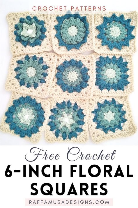 a picture showing the 9 crocheted flower squares, each measuring about 6" (12.5 cm) Floral Granny Square, Granny Square Pattern Free, Free Crochet Sweater, Baby Clothes Patterns Sewing, Flower Granny Square, Crochet Best, Granny Square Patterns, Crochet Afghan Patterns Free, Crochet Gift Ideas