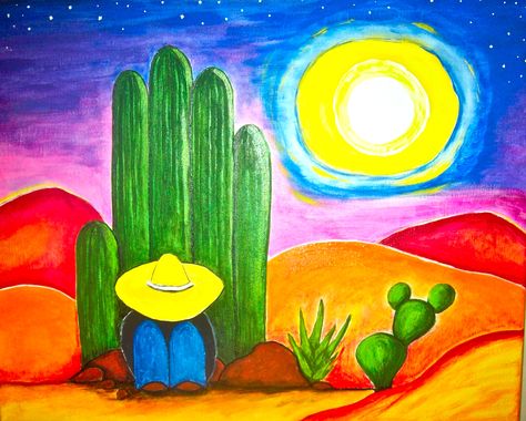 Mexican Art Painting, Hispanic Art, Mexican Paintings, Sunset Artwork, Afrikaanse Kunst, Cactus Painting, Mexico Art, Mexican Tile, Desert Art