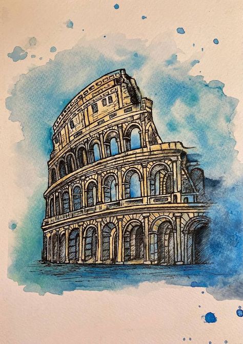 Colosseum Watercolor, Watercolor Scenery, Architecture Drawing Sketchbooks, Landmarks Art, Pen Art Drawings, Watercolor Architecture, Architecture Sketchbook, Architecture Design Sketch, Architecture Concept Drawings