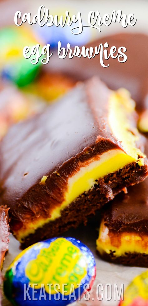 These fudgy brownies topped with a smooth chocolate ganache have a sweet cream filling just like Cadbury Cream Eggs! Except these are SO muc... Cream Egg Brownies, Cadbury Cream Egg, Dessert Bars Recipes Easy, Cream Eggs, No Egg Desserts, Fudgy Brownie Recipe, Cadbury Creme Egg, Bakery Menu, Brownie Toppings