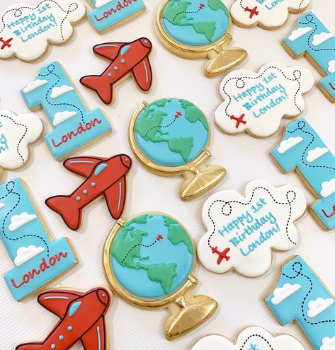 Travel Theme Cookies Royal Icing, Travel Birthday, Globe Cookies, Travel 1st Birthday Party, Onederlust Birthday Party, Travel Themed First Birthday, Travel Theme Birthday, Travel Themed Cookies, Travel Cookies Decorated