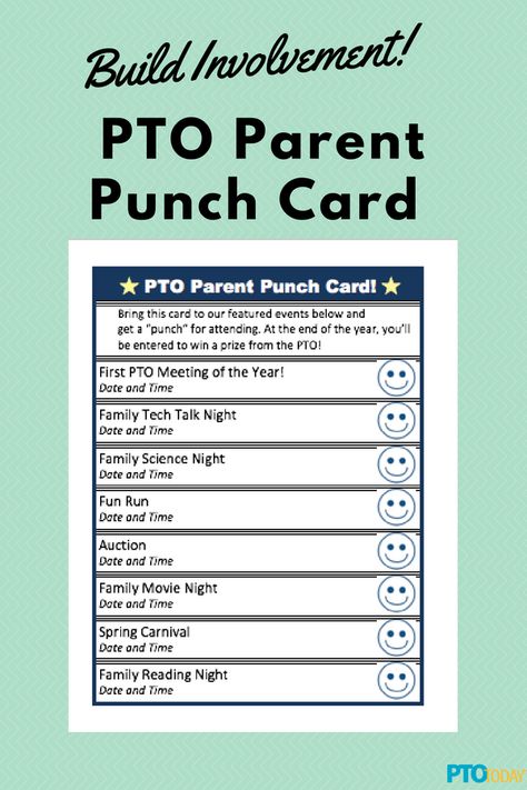 Use these free punch cards to promote parent involvement! High School Parent Involvement, Pta Parent Involvement, Meet Your Pta Board, Pto Parent Punch Card, Parent Club Ideas, Parent Advisory Committee Ideas, Ptfa Ideas Fundraising Schools, Pta Meeting Ideas, Teacher Meeting Ideas