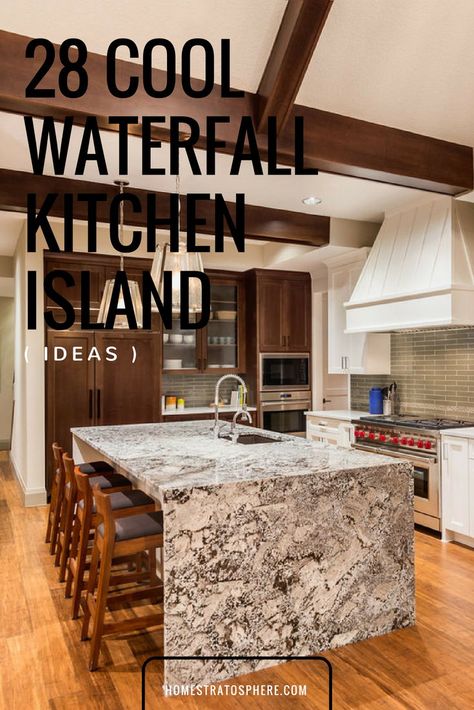 Waterfall Kitchen Counter, Kitchen Islands With Waterfall Edge, Waterfall Granite Island, Vaulted Ceiling Wall Decor, Granite Waterfall Island, Kitchen Cathedral Ceiling, Kitchen Island Waterfall, Beams In Kitchen, Kitchen Island Vent