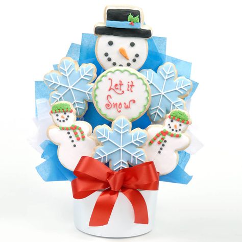 Let It Snow Cutout Cookie Bouquet Christmas Cookie Bouquet, Smiley Face Cookies, Holiday Party Gift Ideas, Christmas Cookie Gifts, Cookie Arrangements, Face Cookies, Holiday Cookie Gift, Lazy Christmas, Snow Cookies