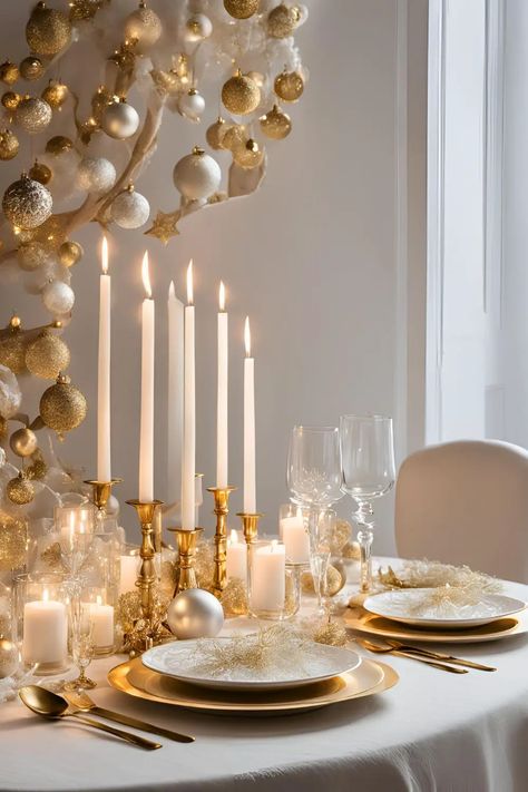 25 Simple Yet Stunning Christmas Decor Dining Room Table Ideas for Every Style - RectifyHome Gold Christmas Dining Table Decor, Gold Christmas Table Settings, Red And Gold Christmas Table, Christmas Decor Dining Room, Candy Cane Centerpiece, Christmas Dinner Table Ideas, Green And Gold Decor, Modern Dining Table Design, Dining Room Table Decorations