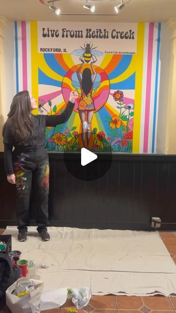 The reveal of the mural I created for Buckbee's Half Baked location.  A fun, retro 60's vibe incorporating themes from Buckbee's business and history. Hippie chick with groovy flowers and bright psychedelic colors. Groovy Flowers, 60s Vibe, Groovy Vibes, Hippie Chick, Half Baked, No Bake Bars, Blast From The Past, The Dreamers, The Past