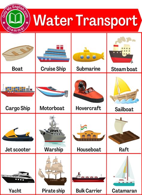 Water Transportation Worksheet, Types Of Water Transportation, Transportation Flashcards, Modes Of Transport Worksheet, Means Of Transport Chart, Water Transport, English Word Book, English Learning Spoken, Transportation Preschool