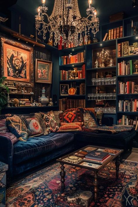 Bungalow Interior Ideas, Moody Maximalism, Dark Academia Bedroom Ideas, Dark Maximalist, Cool Bedroom Furniture, House In The Clouds, Hippie Homes, Goth Home Decor, Family Decor