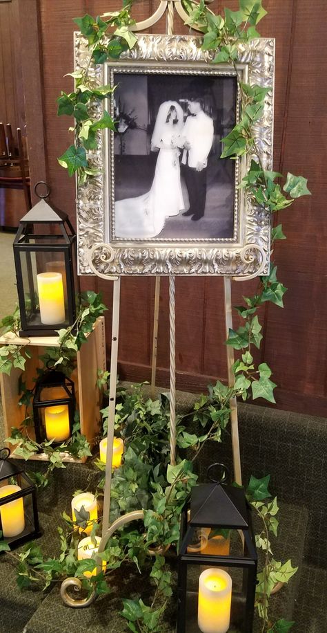 Original wedding B&W photo printed on outside glass of frame. Gorgeous display at entry to 50th anniversary dinner. 50th Anniversary Party Decorations, 25th Anniversary Decorations, 60th Wedding Anniversary Party, 60th Anniversary Parties, 50th Year Wedding Anniversary, 50th Wedding Anniversary Decorations, 50th Wedding Anniversary Ideas, 50th Anniversary Decorations, 70th Wedding Anniversary