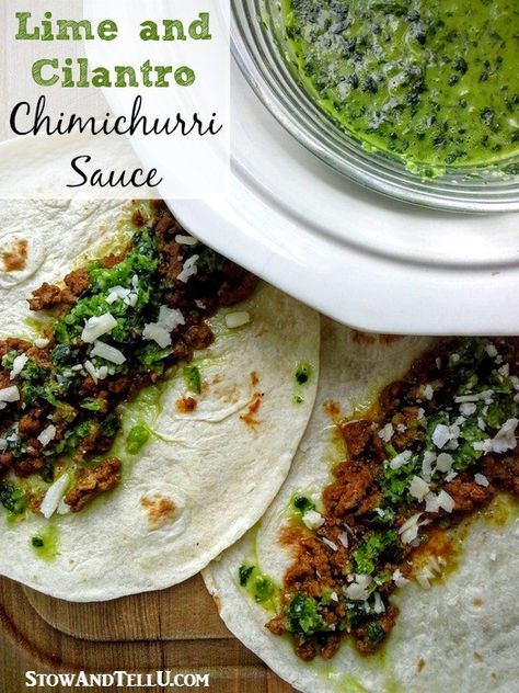 Cilantro-lime chimichurri sauce. Made without vinegar, but does include bullion, so it's has less bite and can be used as a salsa or pico de gallo and goes very well on most Mexican dishes - StowAndTellU.com Cilantro Chimichurri Sauce, Cilantro Chimichurri, Mexican Food Dishes, Chimichurri Recipe, Homemade Salsa Recipe, Chimichurri Sauce, Homemade Salsa, Salsa Recipe, Cilantro Lime