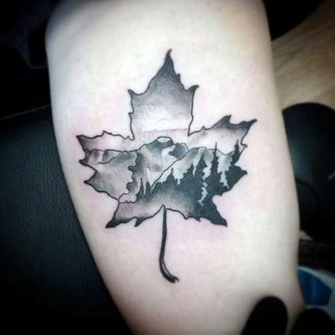 Canadian Inspired Tattoos, Canada Leaf Tattoo, Canadian Tattoo Ideas For Men, Canada Tattoo Ideas Simple, Canada Tattoo Ideas, Maple Leaf Tattoos, Moutain Tattoos, Maple Tree Tattoos, Blatt Tattoos