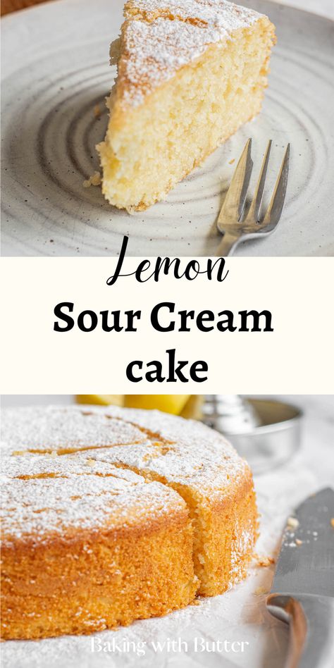 Lemon Sour Cream Desserts, Lemon And Sour Cream Recipes, Lemon Sour Cream Cake Recipe, Lemon Cake With Sour Cream, Sour Cream Cake Easy, Simple Single Layer Cake, Sour Cream Cakes Recipes, Desserts With Sour Cream Easy, Sour Cream Lemon Loaf