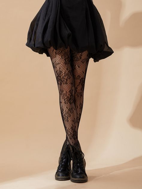 Flower Pattern Fishnet Black TightsI discovered amazing products on SHEIN.com, come check them out! Dress With Fishnets, Cute Tights, Lace Tights, Patterned Tights, Fishnet Tights, Women Socks, Fashion Tights, Tights Outfit, Womens Tights