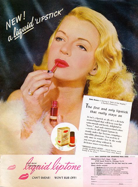 Dale Evans lipstick ad, vintage lipstick. I remember buying something similar when I was a teenager you just painted it on over your lipstick it really dried out your lips and dulled the colour of your lipstick Makeup Advertisement, Vintage Parfum, Vintage Makeup Ads, Makeup Recipes, Beauty Ads, Dale Evans, Beauty Advertising, Makeup Ads, Retro Makeup