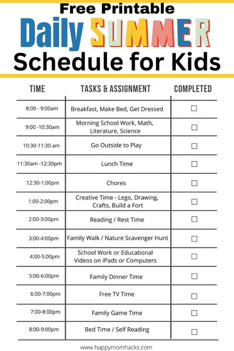 Keep kids busy all summer with this easy Daily Summer Schedule template for kids. It's a simple-to-follow summer routine with fun kids' activities, outdoor play, & educational activities. Use the pre-planned summer schedule or the blank schedule to create your own routine. Just print it out and get started today! Schedule For Kids At Home, Daily Schedule For Kids, Summer Schedule For Kids, Kids Summer Schedule, Daily Schedule Kids, Summer Homeschool, Toddler Schedule, Summer Schedule, Summer Fun For Kids