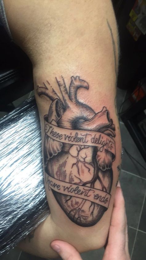 Anotomically correct heart with "these violent delights have violent ends" from Romeo and Juliet. Done at Colts Timeless Tattoos, Appleton WI #tattoo #hearttattoo #heart #anatomically #correct #romeoandjuliet Romeo And Juliet Tattoo Ideas, Romeo And Juliet Tattoo, Juliet Tattoo, Heartless Tattoo, Sacred Heart Tattoo, Sacred Heart Tattoos, Timeless Tattoo, Show Respect, About Heart