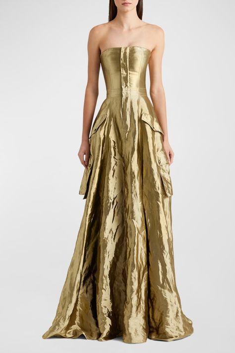 B7V5N Ralph Lauren Collection Briar Metallic Strapless Utility Gown Best Designer Dresses, Backless Evening Dress, Designer Evening Gowns, Americana Fashion, Ralph Lauren Collection, A Line Gown, Gold Dress, Formal Gowns, Strapless Dress Formal