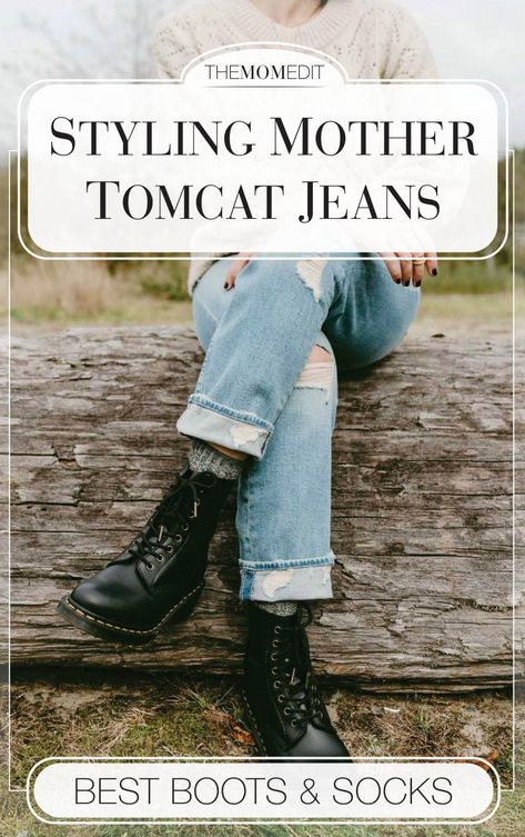 The Best Boots (& Socks) To Wear With Cropped Straight Leg Jeans - The Mom Edit Chelsea Boots With Loose Jeans, Boyfriend Jeans Outfit Winter Boots, Cropped Jeans With Combat Boots, How To Wear Mom Jeans With Boots, Straight Leg Jeans With Combat Boots, Mother Tomcat Jeans Outfit, Boot Socks How To Wear, Socks With Boots Outfit, Cuffed Jeans With Boots