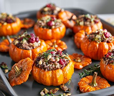 Roasted Mini Pumpkins Stuffed Mini Pumpkins, Roasted Pumpkin Recipes, Thanksgiving Menu Recipes, Shredded Brussels Sprouts, Toronto Food, Sugar Pumpkin, Cooking For A Crowd, Fair Play, Mini Pumpkins