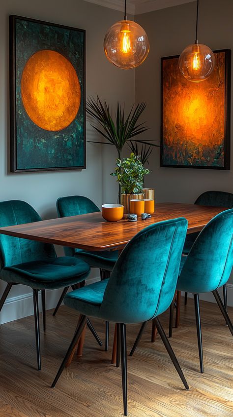 "Mid-Century Modern Dining Room Ideas with Teal & Walnut Accents" Dark Teal Dining Room, Teal Dining Table, Apartment Dining Room Ideas, Dark Blue Dining Room, Copper Dining Room, Dining Room Teal, Modern Dining Room Ideas, Teal Decor, Mid Century Modern Dining Room