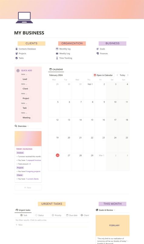 #Pastel #Business_Notion_Template #Notion_Workspace #Business_Activities Business Notion Template, Notion Template For Work, Notion Workspace, Notion Ideas, Life Planner Organization, Notion Planner, Business Activities, Planner Writing, Monthly Planner Template