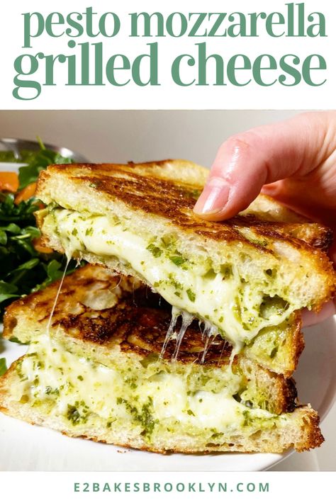 Spinach Pesto Grilled Cheese, Pesto Mozzarella Pizza, Grilled Mozzarella Pesto Sandwiches, Grilled Cheese Ideas Sandwiches, Basil Pesto Grilled Cheese, Pesto Mozzarella Grilled Cheese, Mozzarella Grilled Cheese Sandwiches, Shredded Mozzarella Cheese Recipe, Pesto Mozzarella Sandwich