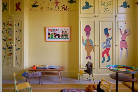 Joa Studholme, Dayroom Yellow, Yellow Playroom, Kids Cabinet, Yellow Cabinets, Whimsical Bedroom, Baby Boy Bedroom, Nursery Mural, Toddler Girl Room