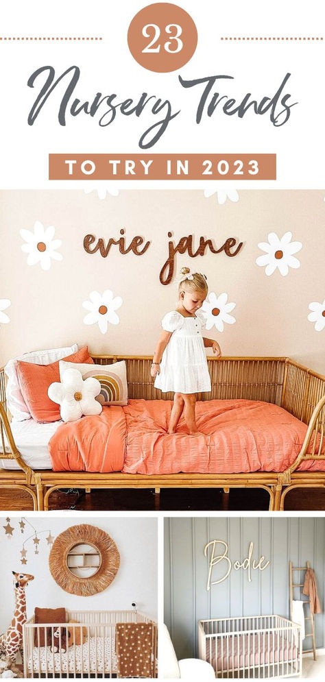 Blog article for 23 nursery trends in 2023 with several nursery ideas displayed including daisy themes, jungle themes and vertically paneled walls.  From Adoren Studio. 2023 Nursery, Trends In 2023, Nursery Trends, Wooden Name Signs, Wooden Names, Home Reno, Nurseries, Name Signs, Top Trends