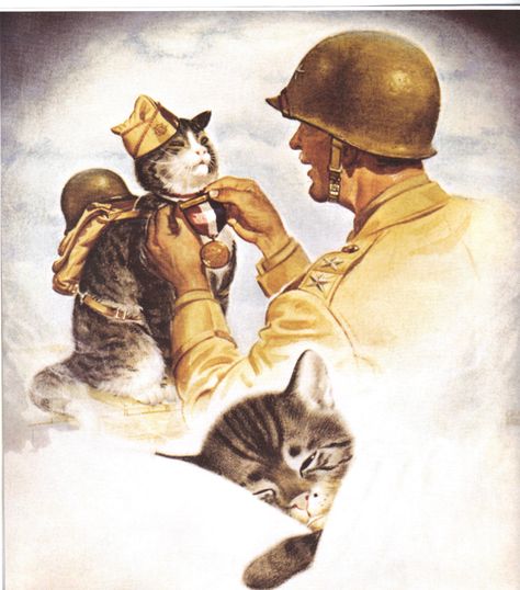 Chessie dreaming of Peake receiving a medal. ~ Chesapeake and Ohio Railroad Line calendar, December, 1945. Chessie’s was a famous mascot for the line, starting as a kitten herself, then with two kittens of her own. She represented the Chesapeake and Ohio Railroad for 12 years. Chessie Cat, Cat Soldier, Chessie System, Calendar December, 1940s Art, A Soldier, Art Cat, Cats Illustration, Vintage Cat