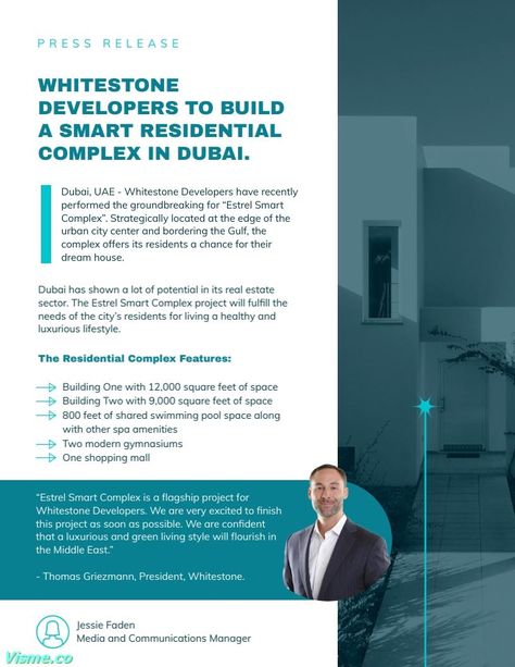 New Project Press Release Template Visme Press Release Design, Press Release Template, Press Ad, Engaging Content, Urban City, New Project, Press Release, Communication, Dubai