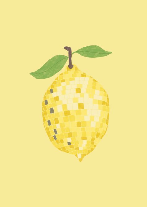 Lemon Poster Aesthetic, Disco Ball Fruit Art, Disco Fruit Painting, Disco Ball Fruit, Disco Fruit, Disco Ball Illustration, Disco Ball Poster, Yellow Drawing, Lemon Graphic