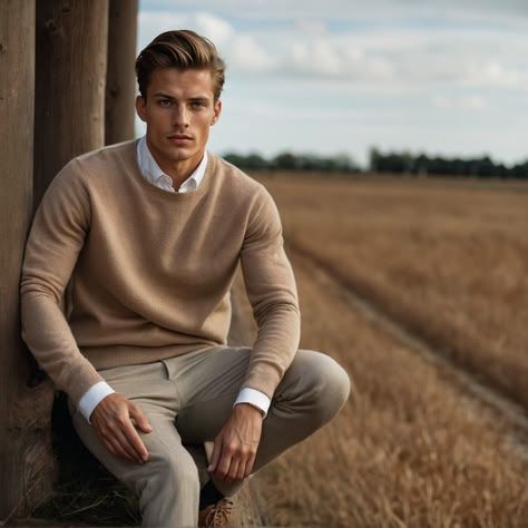 Mens Crew Neck Sweater Outfit, Chino Style Men, Preppy Boy Outfits, Nice Outfits For Men, Camel Sweater Outfit, Attractive Outfits, Cashmere Sweater Outfit, Men Fashion Trends, Stylish Casual Outfits