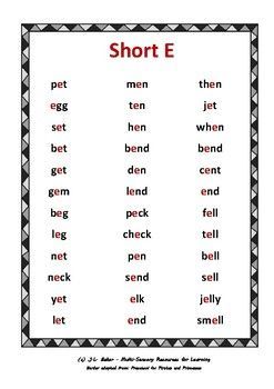 Short Vowel Sound - Word Lists 4EF E Sound Words Worksheet, E Words For Kids, Phonic Charts, Sensory Resources, Short E Sound, Vowel Chart, Kindergarten Word Families, Short E Words, Phonics Reading Passages