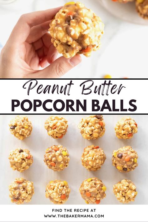 Try this peanut butter popcorn balls recipe. These Loaded Peanut Butter Popcorn Balls are full of popcorn, chocolate and peanut butter candies, and peanuts. Kids love popcorn balls, but adults too! This simple and easy to make dessert is a family favorite. Peanut Butter Popcorn Balls, Popcorn Ball Recipe, Popcorn Ball, Popcorn Chocolate, Popcorn Balls Recipe, Popcorn Recipes Easy, Peanut Butter Popcorn, Bake Sweets, Butter Desserts