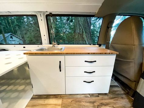 Chevy Astro Van Conversion, Astro Van Conversion, Class B Camper Van, Bamboo Countertop, Homes On Wheels, Chevy Astro Van, Kitchen Galley, Beautiful White Kitchens, Shiplap Ceiling