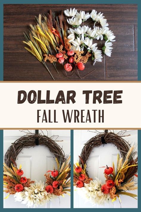 Fall Dollar Store Wreath, Call Wreath Diy, Boho Wreaths For Front Door Autumn, Fall Wreath Making Tutorials, Fall Metal Wreaths Diy, How To Make Your Own Fall Wreath, Easy Diy Fall Wreath Dollar Stores, Dollar Tree Fall Door Decor, Wreaths How To Make