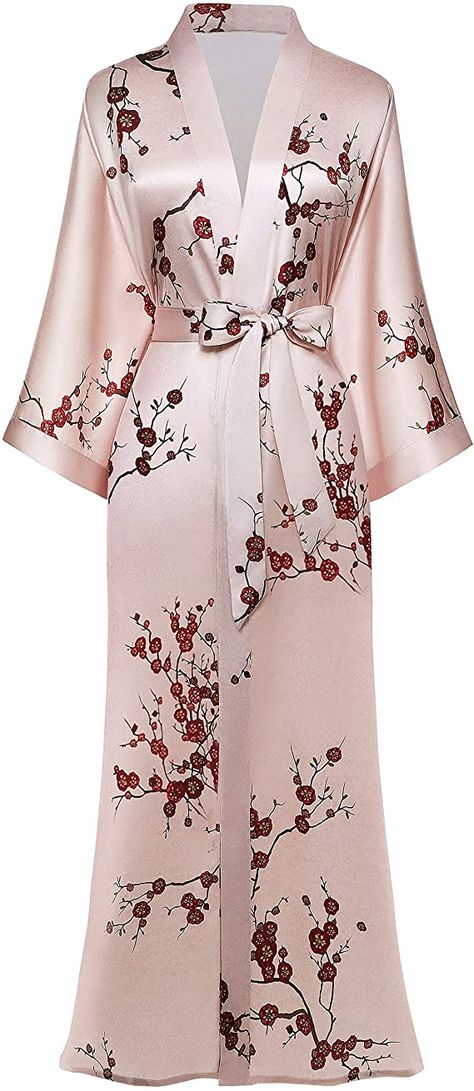 PRODESIGN Long Kimono Robe Satin Sleepwear Gradient Watercolor Silky Kimono Nightgown Bathrobe Kimono Blouse Cardigan at Amazon Women’s Clothing store Satin Kimono Outfit, Kimono Women, Kimono Blouse, Kimono Outfit, Feminine Wardrobe, Kimono Design, Satin Sleepwear, Satin Kimono, Womens Kimono