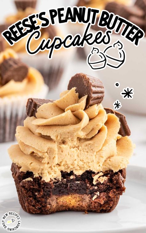 Chocolate Reese Cup Cupcakes, Reese Peanut Butter Desserts, Resses Peanut Butter Cupcakes, Chocolate Filled Cupcake Recipes, Peanut Butter Cups Cake, Reeses Peanut Butter Cupcake, Recees Peanut Butter Cupcakes, Reese Peanut Butter Cupcakes, Peanut Butter Cupcakes Recipes