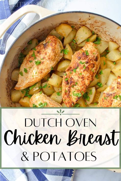 If you're looking for one pot dinners or Dutch Oven recipes, you HAVE to try this easy recipe for Dutch Oven Chicken Breast and Potatoes. This one pot dinner is perfect for weeknights, or any time you're craving simple comfort food. When it comes to Fall dinner recipes, you want something easy, warming, comforting, and filling. This Dutch Oven chicken recipe checks all of those boxes...and tastes great too! Naturally gluten free and easy to make Whole30, Paleo, and Dairy free. Chicken Breast And Potatoes, Oven Chicken Breast, Dutch Oven Chicken Breast, Easy Dutch Oven Recipes, Chicken Breast Oven Recipes, Dutch Oven Recipes Cast Iron, Chicken Breast Oven, Potatoes And Vegetables, Le Creuset Recipes