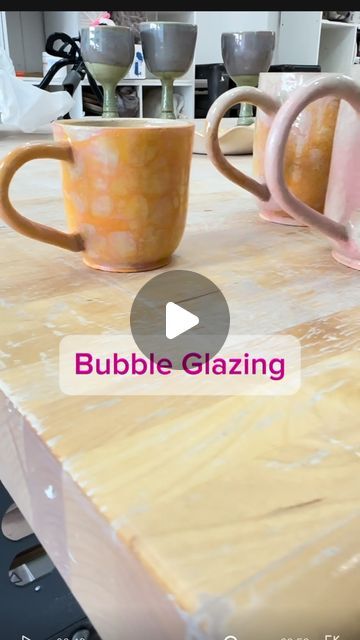 DJ Does Pottery on Instagram: "Bubble glazing 🫧 
 
Bubble glazing is a technique that creates a textured, bubbly surface on pottery.

Materials Needed: Bisqued pottery piece, underglaze, soap, water, cup, straw

Step 1:  make sure the piece is clean by wiping it down with a damp sponge to remove any dust or debris.

Step 2: mix underglaze, soap, and a bit of water into a uniform solution. 

Step 3: blow bubbles into the solution using a straw, letting the bubbles overflow over the cup and onto the piece. Set it aside and let the bubble magic happen. The bubbles will pop on their own. 

Step 4: Let the underglaze dry by a fan. When dry, dip in clear glaze. 

#pottery #prep #ceramic #studio #preparation #potterystudio #potterylove #potterylife #clay #clayart #handmade #art #artoftheday #pro Ceramic Bubble Glaze, Bubble Glazing Pottery, Bubble Glaze Technique, Bubble Pottery, Bubble Glaze Pottery, Pottery Materials, Bubble Glazing, Underglaze Techniques, Bubble Magic