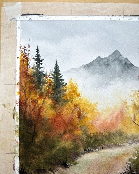 Sable | Let’s stay here and enjoy the view “Adventures Together No. 2” 16x20” watercolor on cotton paper Sold! #watercolor #naturepainting... | Instagram Watercolor Art Autumn, Fall Tree Watercolor Painting, Watercolor Mountain Landscape, Watercolor Painting Easy, Forest Watercolor, Tree Watercolor Painting, Autumn Watercolor, Mountains Forest, Watercolor Ideas