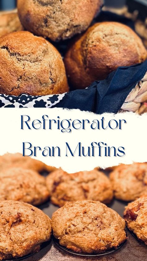 Basket of Bran muffins and muffin tin of fresh Bran muffins. Refrigerator Bran Muffin Recipe, Simple Refrigerator, Refrigerator Bran Muffins, All Bran Muffins, Bran Muffin, Bran Muffin Recipes, Cereal Mix, Bran Cereal, Bran Muffins