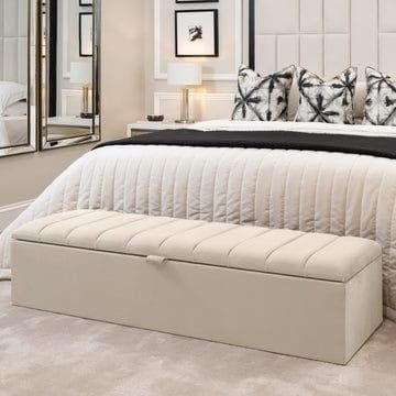 Cream Headboard, Cream Ottoman, Rowen Homes, Modern Luxury Bedroom, Furniture Details Design, Ottoman Storage, Fitted Bed Sheets, Chic Living Room, Chic Living