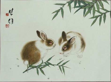 Rabbit Paintings, Chinese Rabbit, Year Of The Rabbit 2023, Asian Style Art, Japan Illustration, Japanese Watercolor, Rabbit Tattoos, Chinese Art Painting, Birth Flower Tattoos