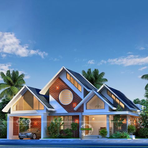 Modern Kerala Home - 3 Bedroom Sloping Roof Style with Red Brick Elevation Slope Roof Elevation, Slope Roof Design, Fast Learner, Slope Roof, Elevation Ideas, Sloped Roof, Sloping Roof, Kerala Home, Tropical House Design